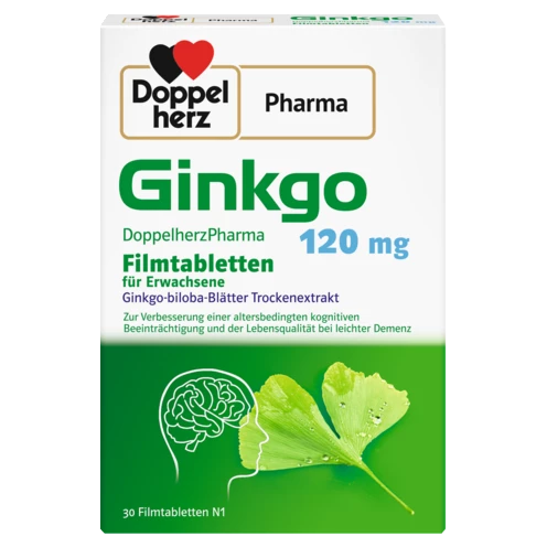 Abbildung der Produktverpackung DoppelherzPharma Ginkgo DoppelherzPharma 120 mg Filmtabletten Frontansicht